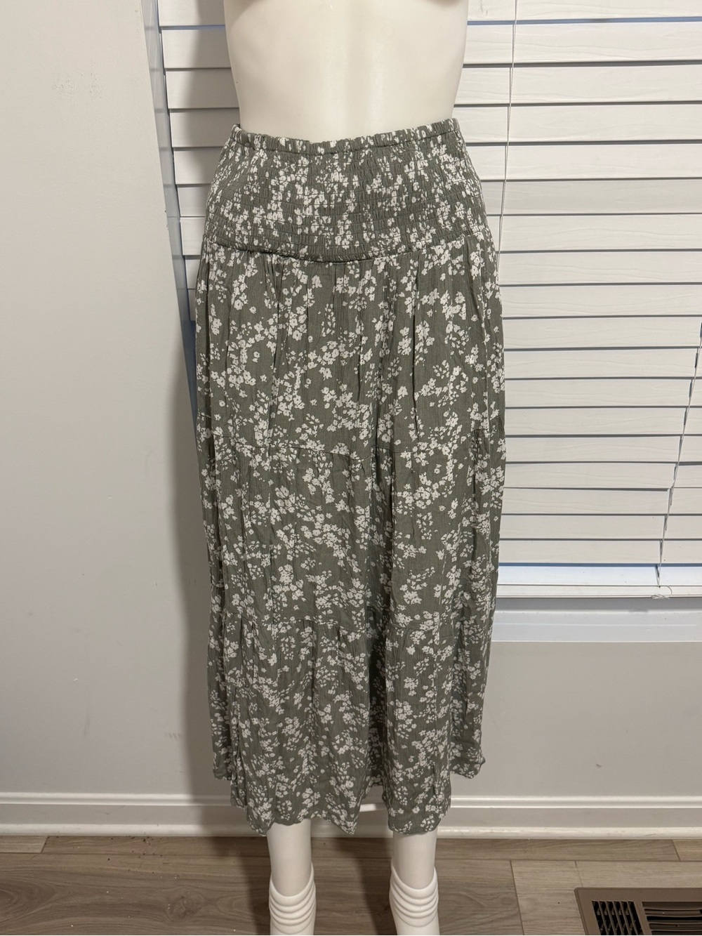 Garage Olive Green Floral Smocked Waist Midi Skirt